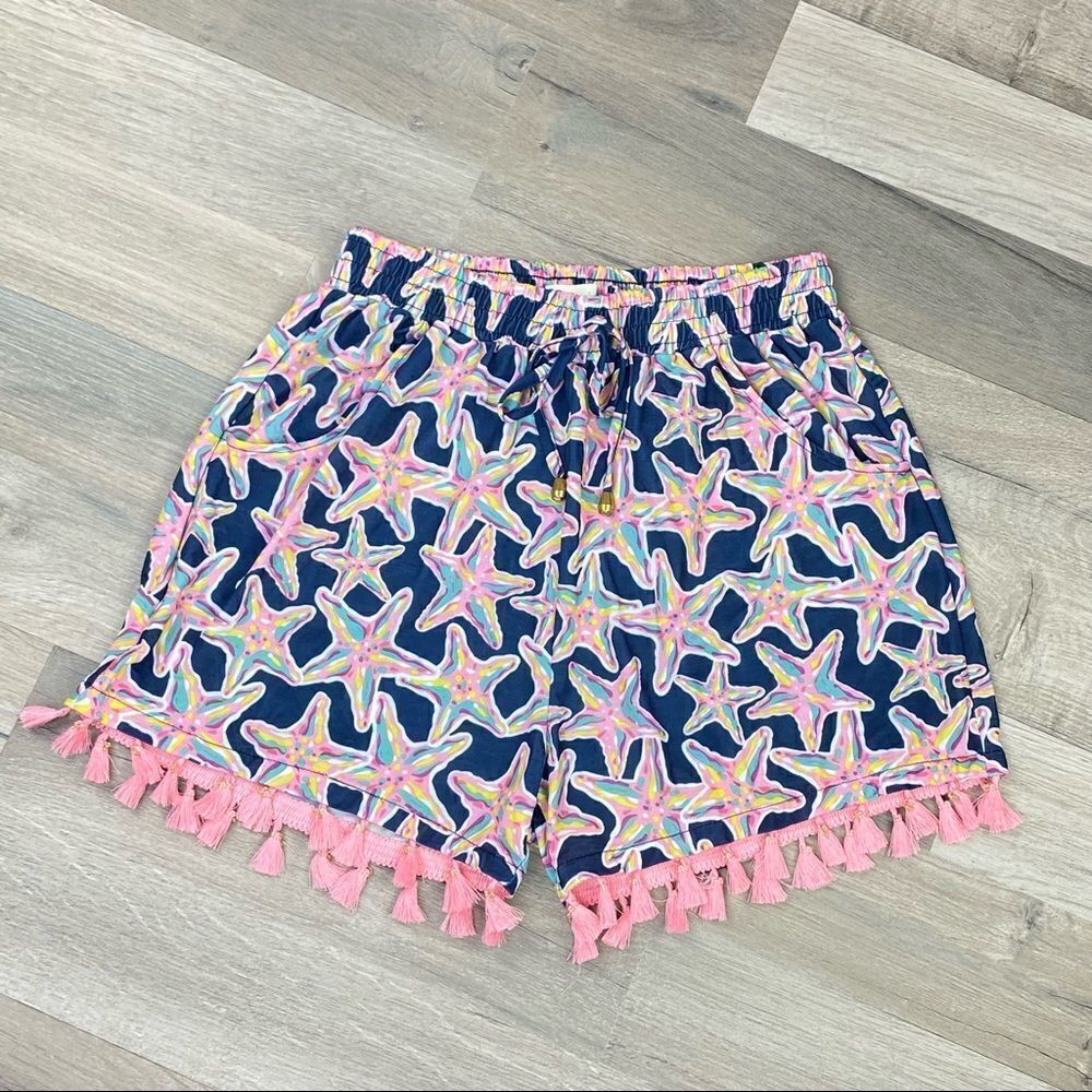 Simply Southern Tassel Hem Starfish Print Elastic Waist Shorts Blue Pink S/M